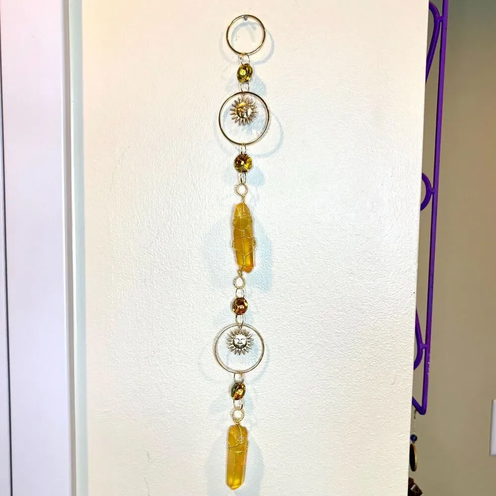 Yellow Aura Quartz Wall Hanging Gold Sun face Circle Frame  Amber Crystal Beads